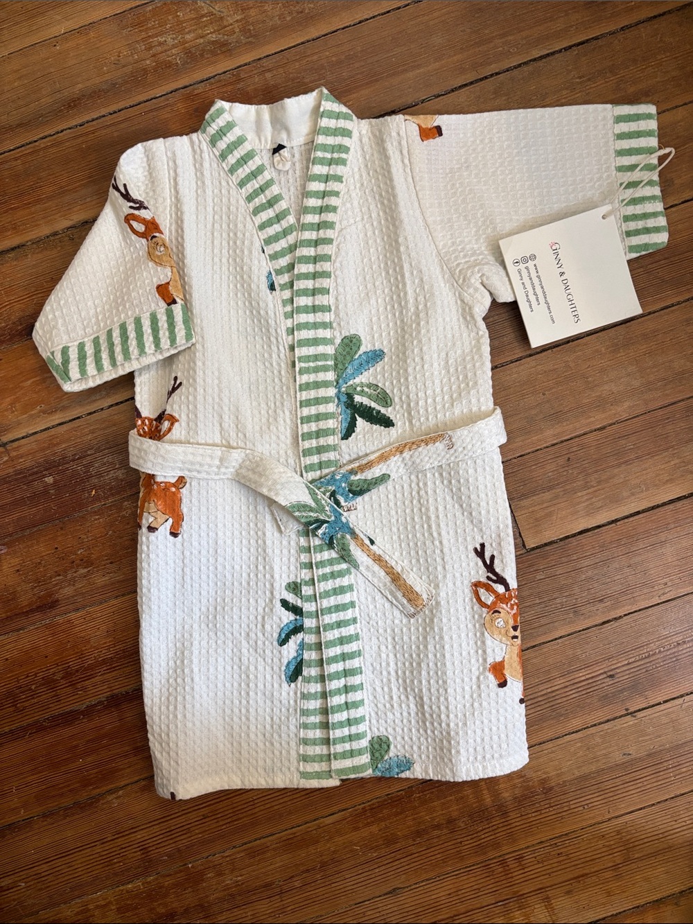 Children's White Waffle Robe with Green Trim and Deer Motif